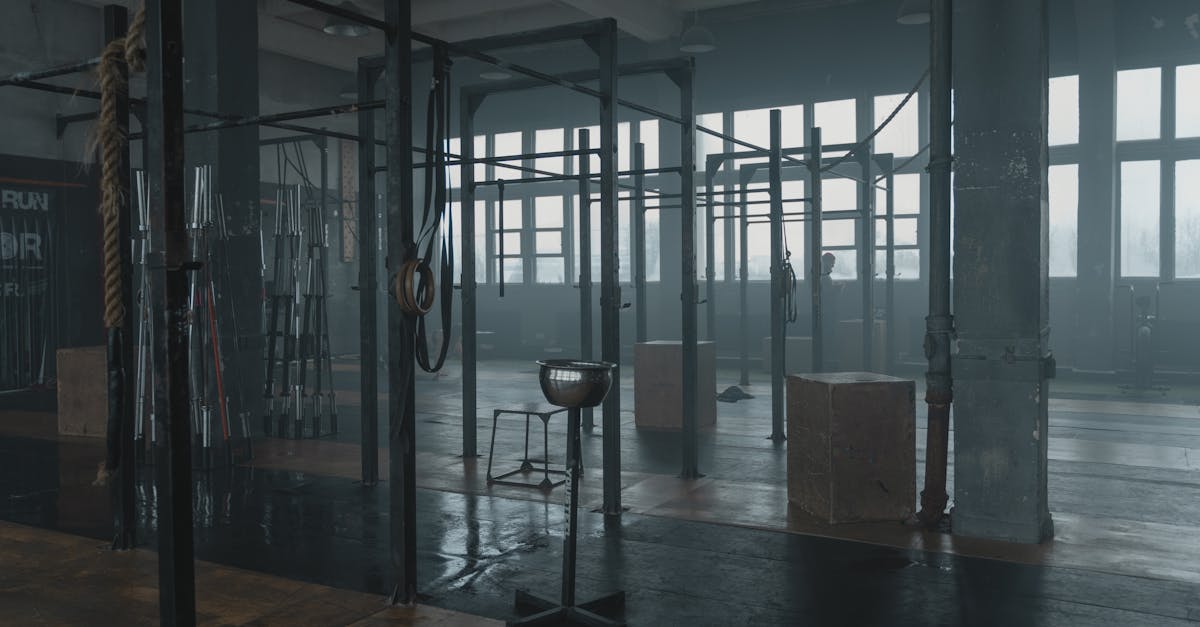 Moody gym interior featuring various workout equipment like pull-up bars and ropes in a spacious industrial setting.